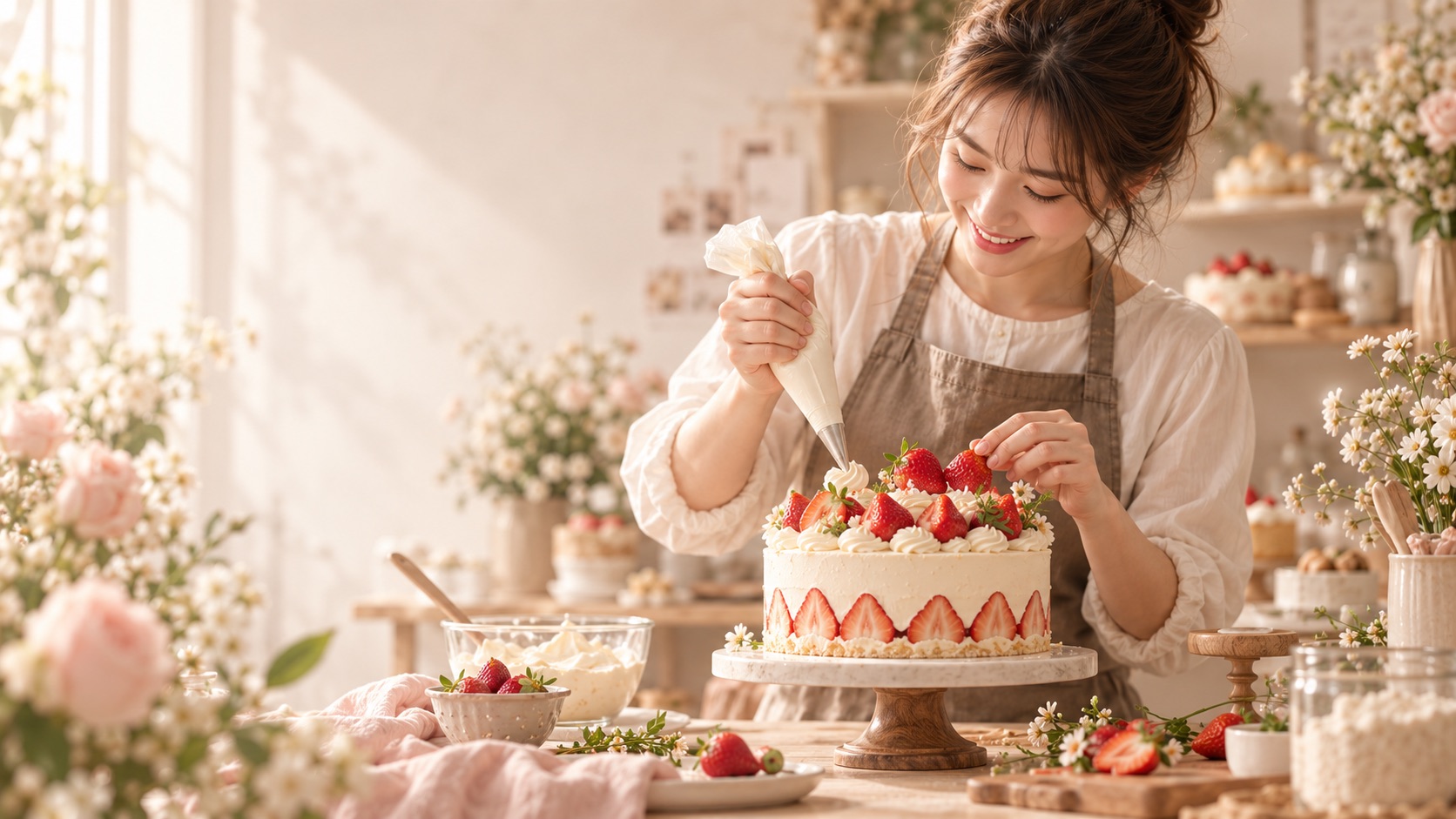 甜點師傅在蛋糕上擠奶油