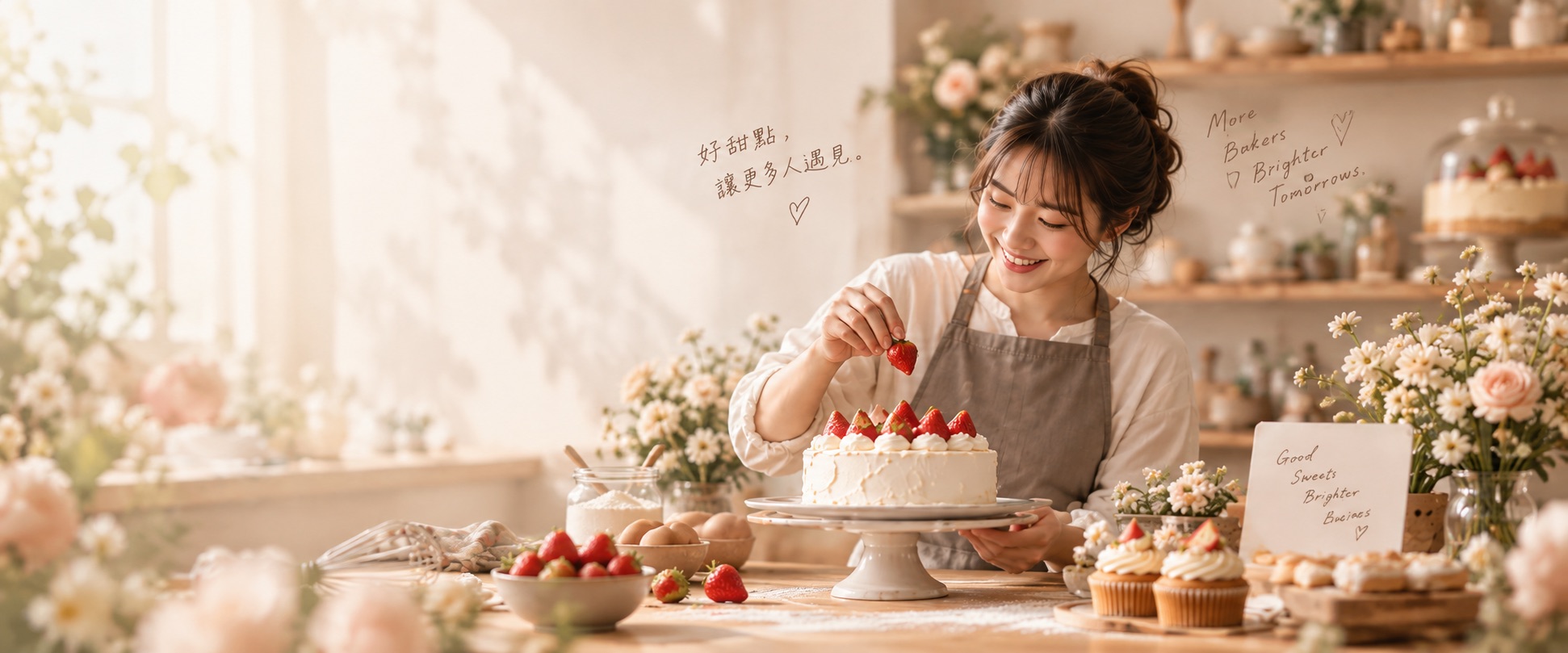 甜點師在蛋糕上擺放草莓