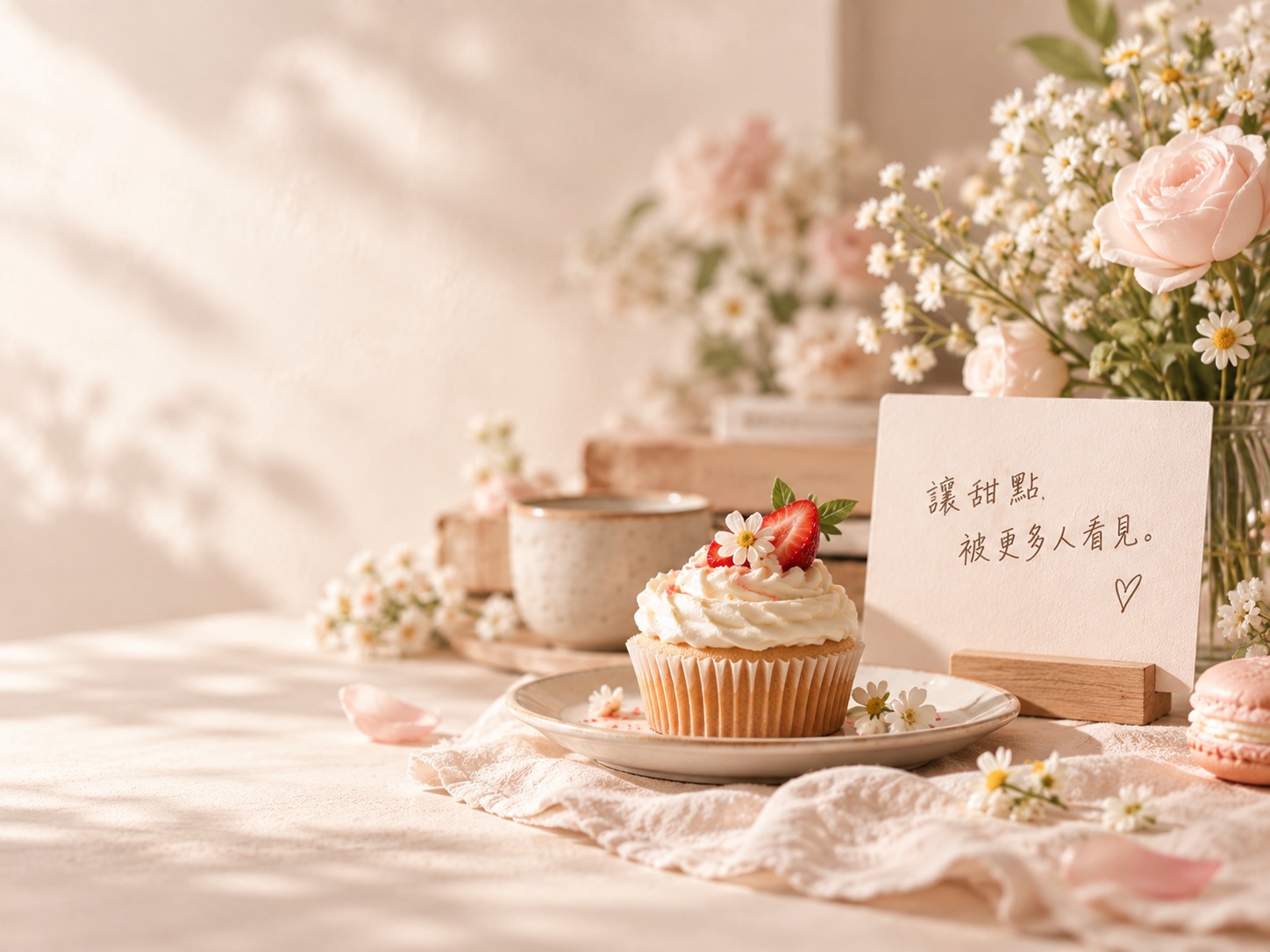 花束、馬卡龍與手寫卡片