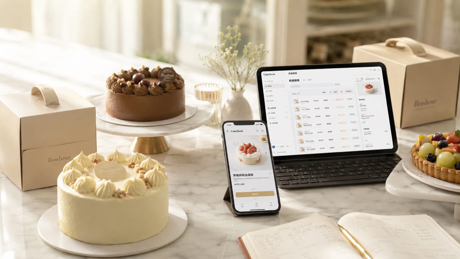蛋糕店桌面：平板顯示 CakeDock 訂單管理、手機顯示訂購頁——系統正在被使用