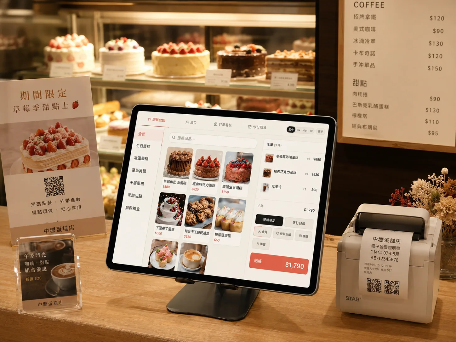 咖啡店櫃檯上的 CakeDock 平板 POS 與出單機
