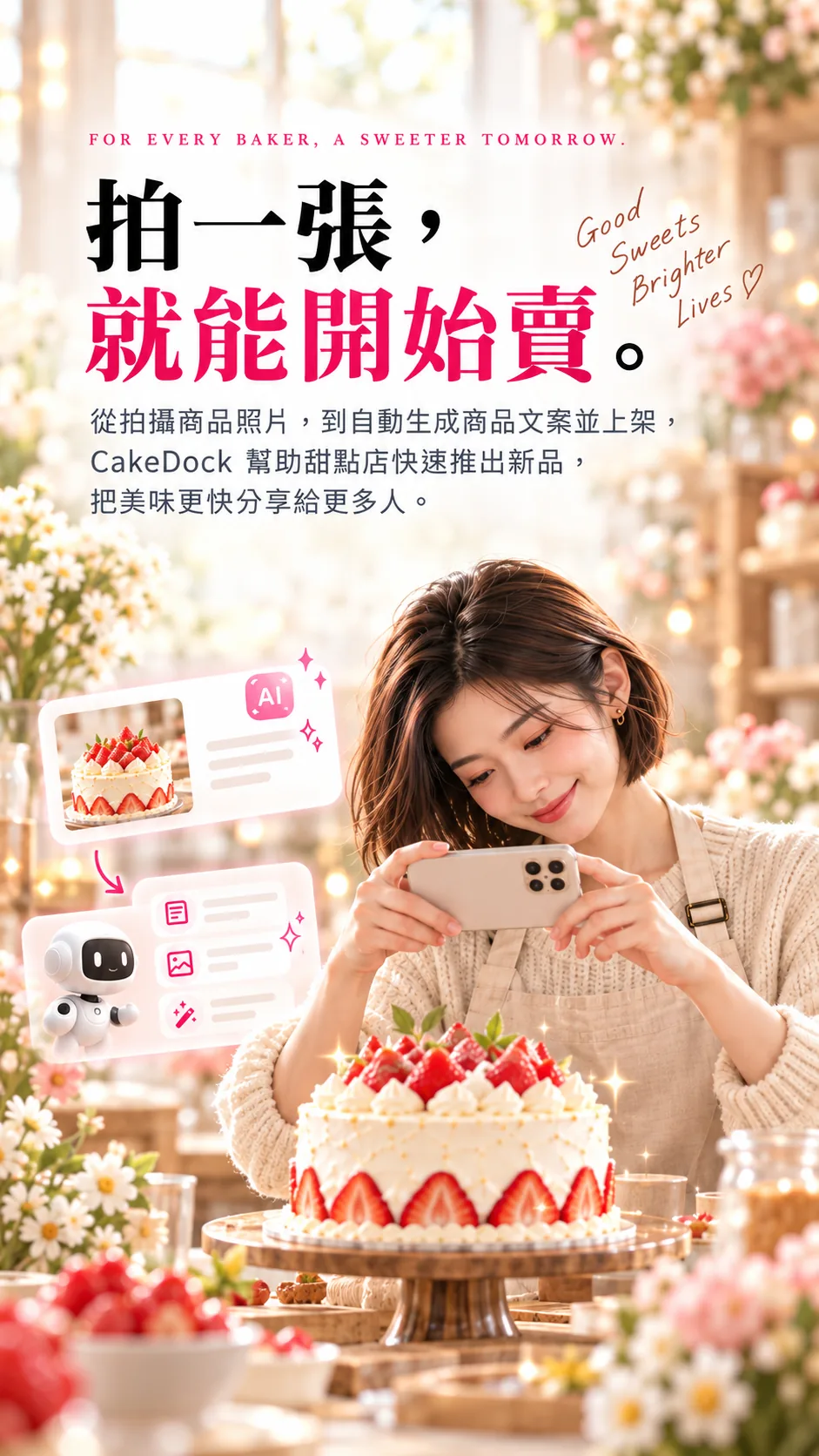 甜點店老闆用手機拍攝草莓蛋糕